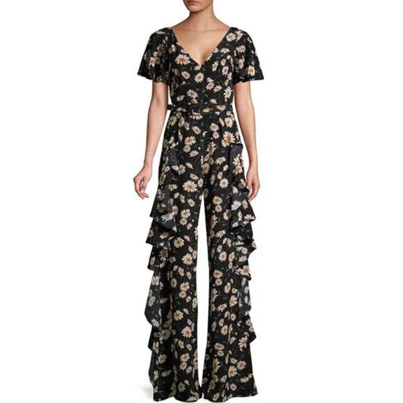 Michael Kors Collection Pants - Michael Kors Collection Ruffle Trim Daisy Print Silk Jumpsuit Black Size 2